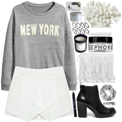 A fashion look from March 2015 featuring gray top, white skort and lined boots. Browse and shop related looks.