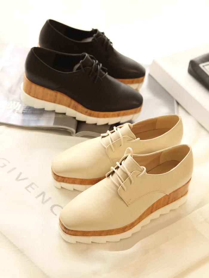 韩国欧美明星同款欧美风厚底坡跟松糕大底潮鞋方头系带休闲鞋