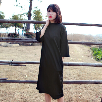 2015新款春装韩版简约复古茧型长袖棉宽松显瘦连衣裙打底裙套头