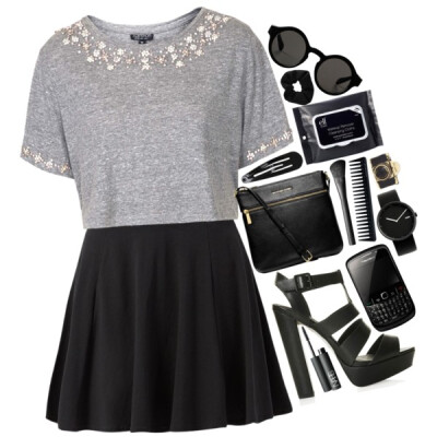 A fashion look from March 2015 featuring gray tee, flared skater skirt and high heel gladiator sandals. Browse and shop related looks.