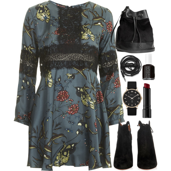 A fashion look from March 2015 featuring black lace cocktail dress, black suede booties and woven handbag. Browse and shop related looks.