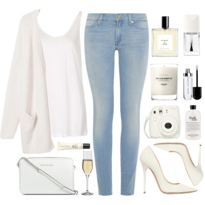 A fashion look from January 2015 featuring white cardigan, white shirt and blue jeans. Browse and shop related looks.