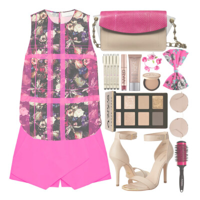 A fashion look from August 2014 featuring pink tops, golf skirts and leather sandals. Browse and shop related looks.