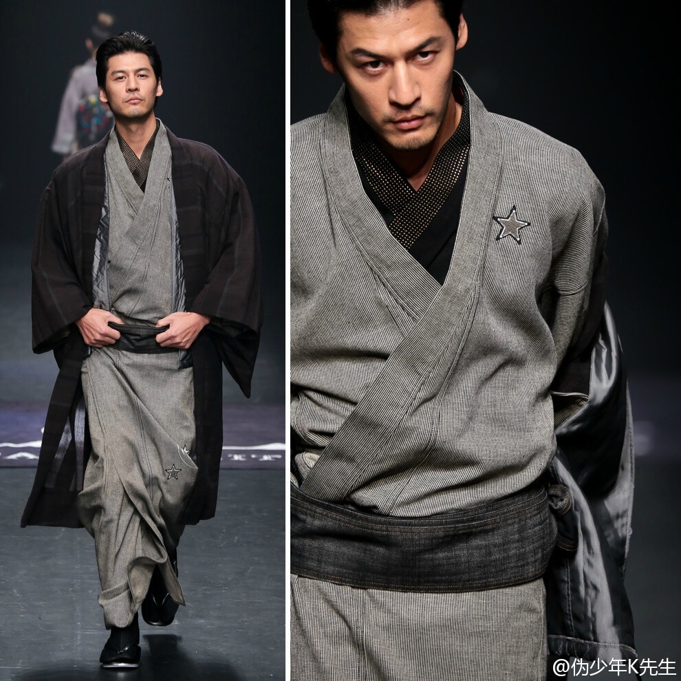 #K先生时装周笔记#JOTARO SAITO Menswear F/W 2015 Tokyo.日本传统和服的主题往往离不开松竹梅菊这些象征风雅的事物,斉藤上太郎未满30岁已是知名和服设计师,他的作品跳出传统加入了不少潮流元素,他在2015东京时装周上发布的新作品中甚至可以看到星际图形出现.来看看这个新时代和服中的男装部分吧.