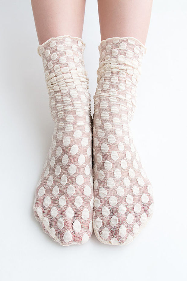 Women New Hezwagarcia Cute Bubble Pop Polka Dot Pattern Mesh Wedding Nylon Loose Socks in Beige