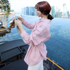 春季 韩版中长款系腰粉红色衬衫 双口袋天丝麻料衬衣