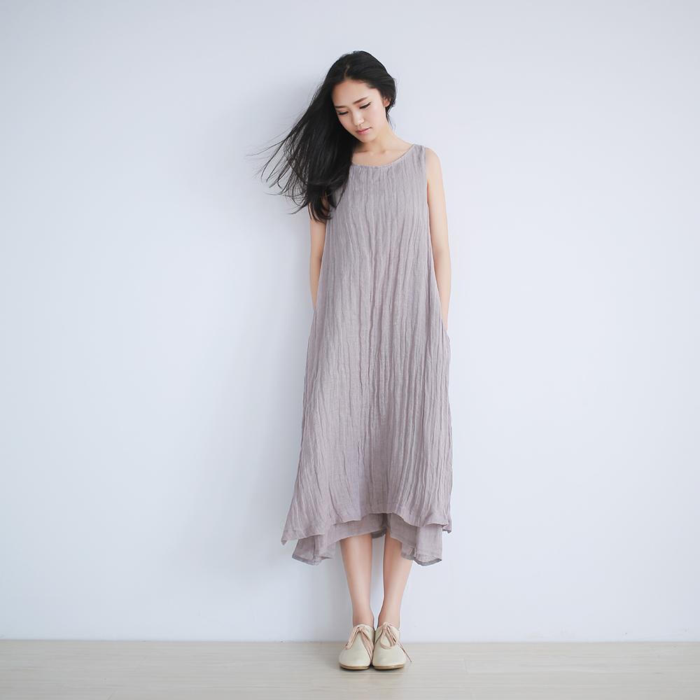 天然皱麻连衣裙夏季亚麻长款无袖文艺长裙休闲简约女裙子