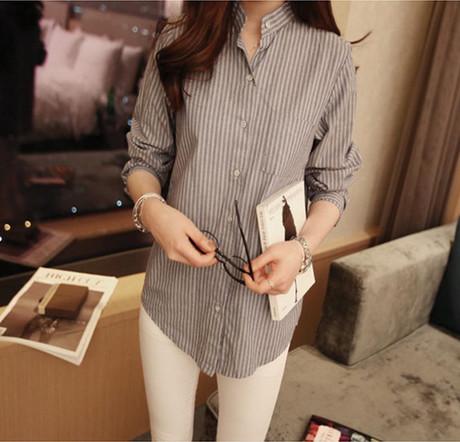 韩国秋季韩版女条纹衬衫女中长款修身OL通勤百搭衬衫