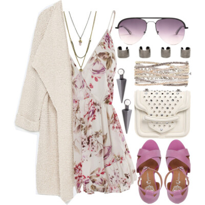 A fashion look from March 2015 featuring long pink cardigan, floral camisole and purple sandals. Browse and shop related looks.