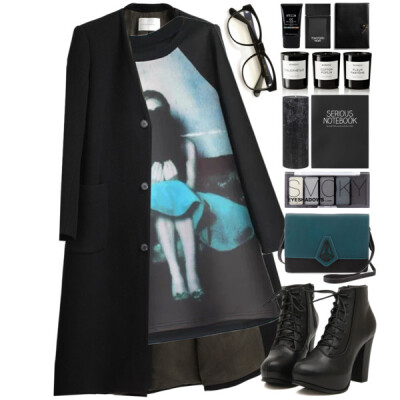 A fashion look from March 2015 featuring black day dress, long sleeve coat and lace up chunky heel booties. Browse and shop related looks.