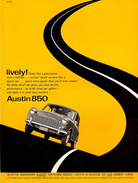 1961 Austin 850 advert. Excellent use of negative space and asymmetrical linear design.