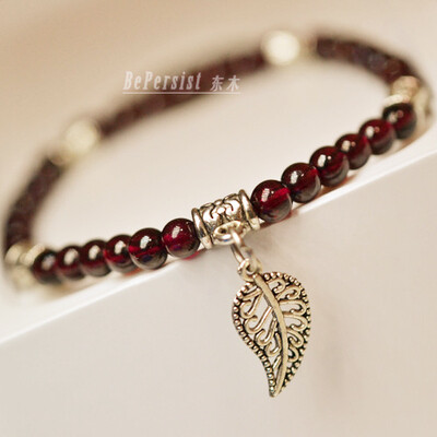 极品石榴石搭配藏银小叶，小清新，你懂的