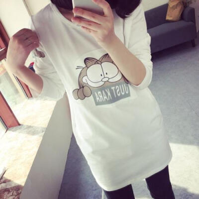 2015春装韩范女装小清新甜美卡通图案白色中长款长袖T恤实拍