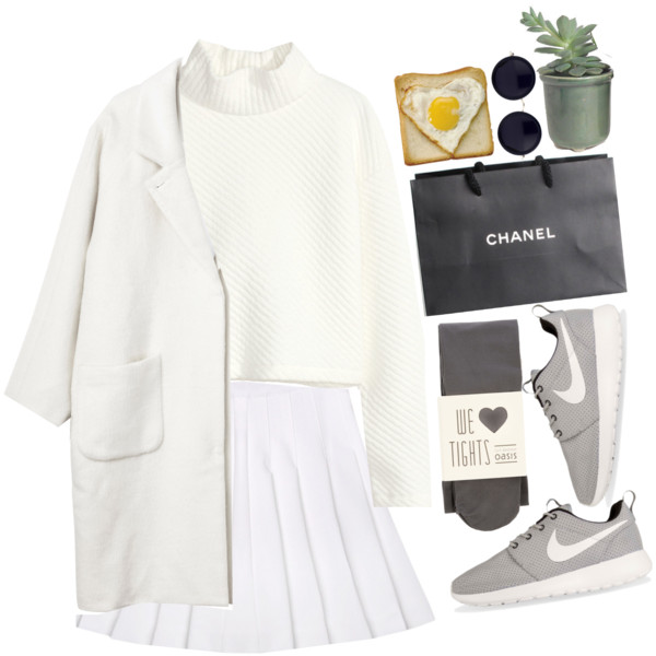 A fashion look from January 2015 featuring cotton turtleneck sweater, white coat and chiffon skirt. Browse and shop related looks.