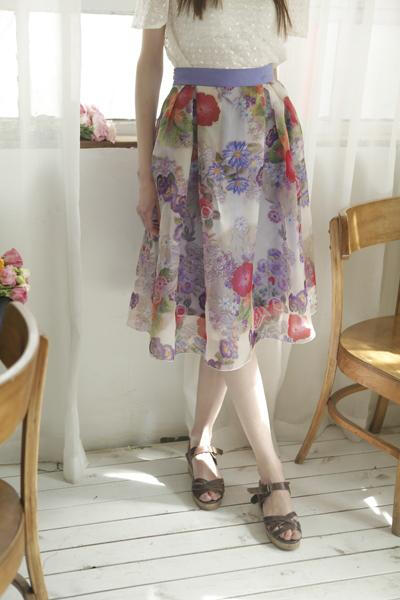 限量 MintCheese独立设计 真丝欧根缎 紫色系花卉 复古中裙