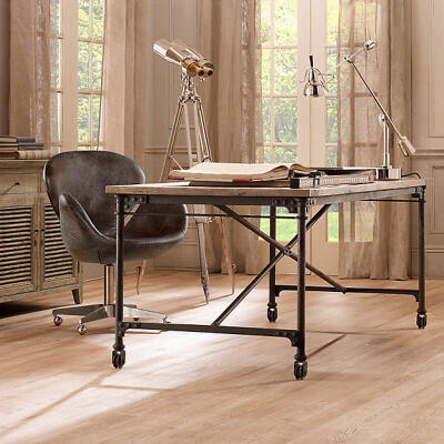 美式风格乡村实木家具复古铁艺铆钉铁艺书桌 餐桌 办公桌 工作台