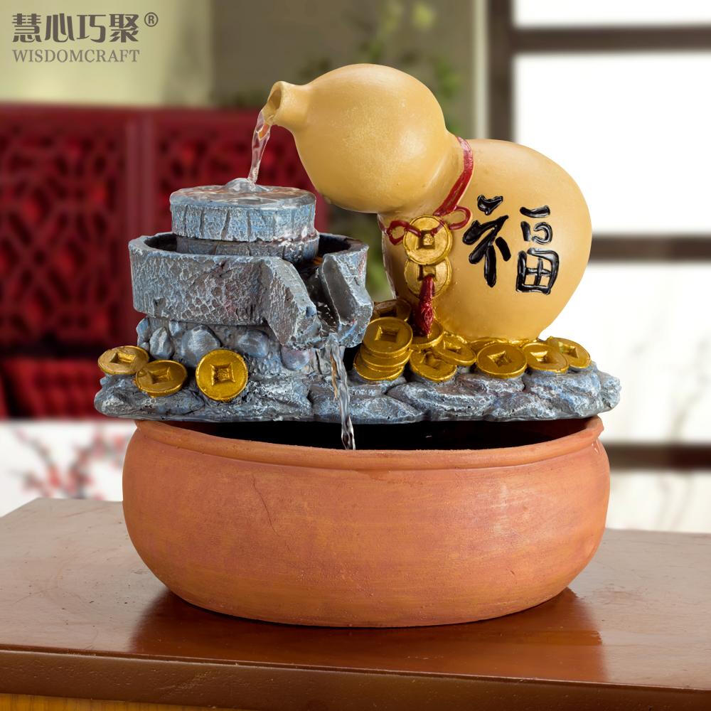 慧心巧聚流水器摆件桌面田园卧室书房聚福字葫芦招财树脂流水喷泉