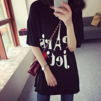 2015夏装简约百搭女装字母短袖莫代尔宽松中长款黑色T恤实拍
