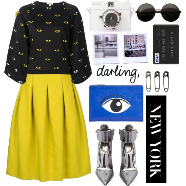 A fashion look from October 2013 featuring green yellow dress, long sleeve crop top and pointy toe ankle strap pumps. Browse and shop related looks.