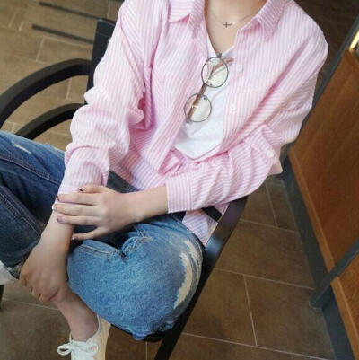 韩版修身长袖衬泡泡棉粉色竖条纹衬衫女士2015春装女装打底衫