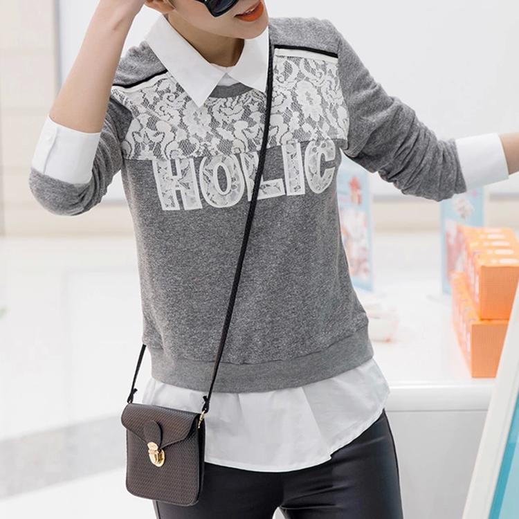 2015春装韩版时尚修身纯棉假两件套衬衫领套头卫衣女打底衫