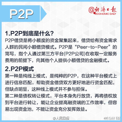  【电商时代，不可不知的6大专业术语】P2P、O2O、B2C、B2B……这些常见又陌生的名词，如果有人让你解释它的含义，小伙伴们是不是瞬间石化了……这些概念，你真的懂吗? 不懂的戳图↓↓↓科普一下吧~@经济日报