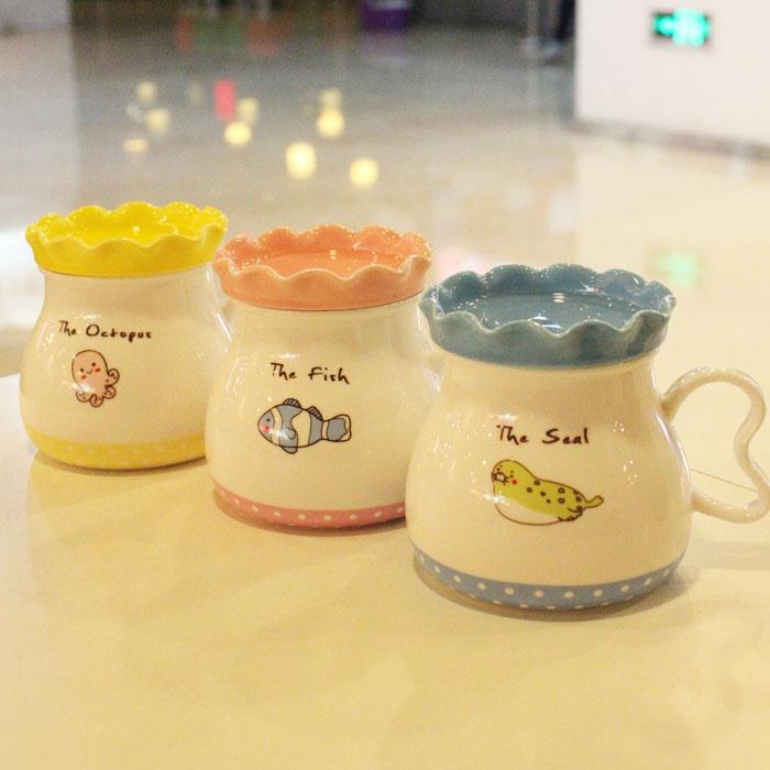  带盖卡通鱼缸造型陶瓷杯 创意马克杯 陶瓷水杯 早餐杯子