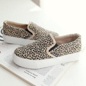 秋款韩版豹纹帆布鞋厚底松糕跟低帮一脚蹬套脚懒人鞋学生休闲女鞋