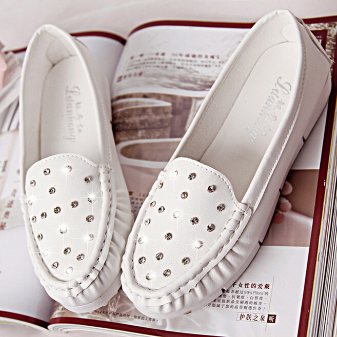 春秋季新款品女鞋单鞋子平底平跟圆头水钻豆豆鞋休闲舒适浅口鞋子