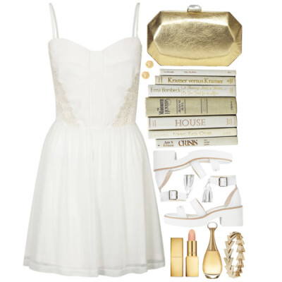 A fashion look from January 2014 featuring sweetheart skater dress, white chunky sandals and nine west purses. Browse and shop related looks.