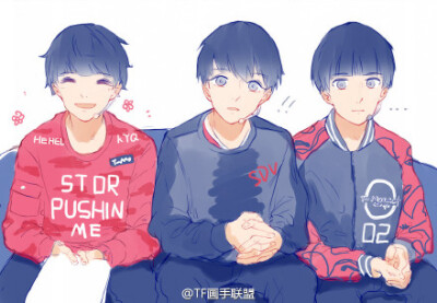 #TF画手联盟# #TFBOYS# 艰难共同承担，快乐一起分享，最好的盛世，给最好的缺一不可的你们~~ （画手依次：树屋君，胖大海，爱酱，莲，T-Moolast，HORNHORN