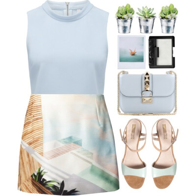 A fashion look from March 2015 featuring cross back top, white mini skirt and green leather sandals. Browse and shop related looks.