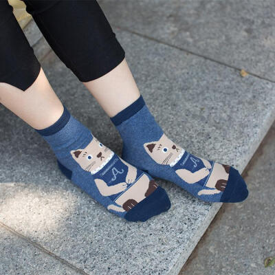 日系复古卡通猫仆女士中筒袜 创意袜全棉纯棉搭配款女袜短袜子