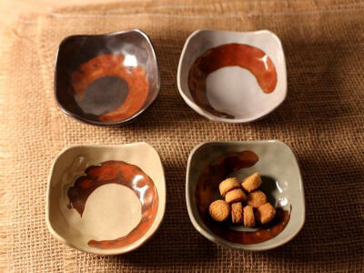 出口日本 手绘粗陶 酱料碗 作料碗 蘸料碗 纯色4件套陶瓷小碗
