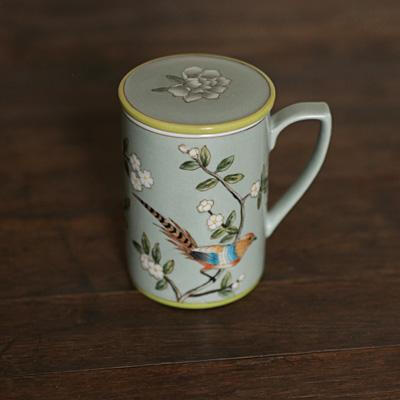 东游记手绘彩瓷带盖陶瓷手柄茶杯水杯白领女士办公杯花鸟杯子