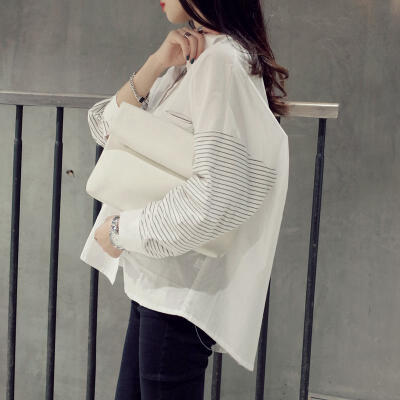 卡卡是公主2015韩版休闲条纹棉袖子白色衬衫宽版衬衫S2429