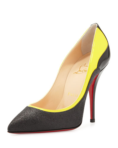 X2AD8 Christian Louboutin Tucsy Glitter &amp;amp; Patent Red Sole Pump, Black/Yellow