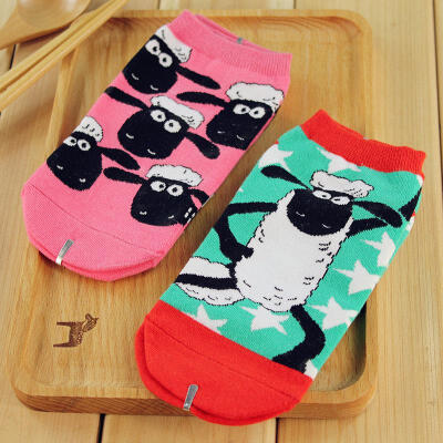 5双 韩版女士可爱卡通袜黑脸羊创意船袜夏季全棉短袜舒适女袜