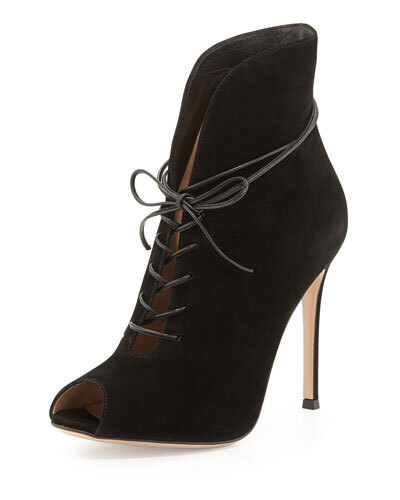 X2M3F Gianvito Rossi Suede Peep-Toe Lace-Up Bootie, Black