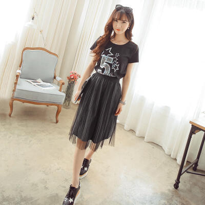 未央2015春夏季韩版女装松紧腰条纹网纱半身裙百褶蓬蓬裙