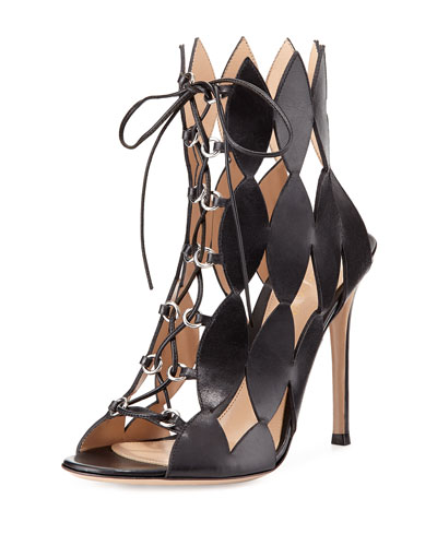 X2F82 Gianvito Rossi Diamond Cutout Lace-Up Sandal, Nero