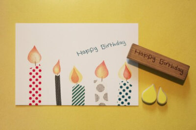 “Happy Birthday”木头印章＋烛光（水滴状）橡皮擦印章组
