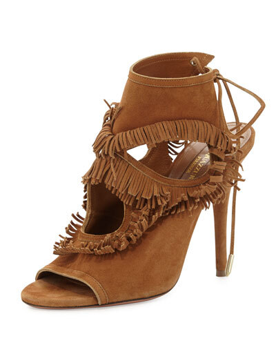 X25R3 Aquazzura Sexy Fringe Suede Tie-Back Sandal, Cognac