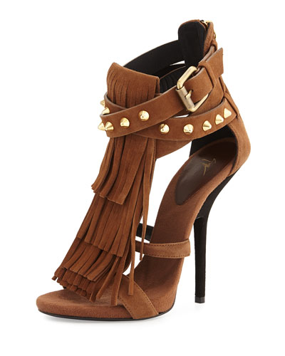 X2MYQ Giuseppe Zanotti Studded Fringe Suede Sandal, Light Brown