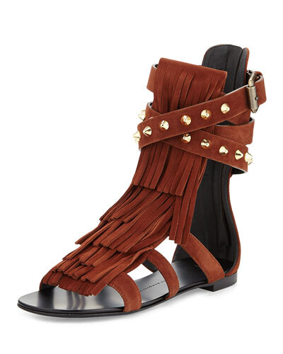 X2NZ7 Giuseppe Zanotti Suede Fringe Flat Sandal, Dark Brown