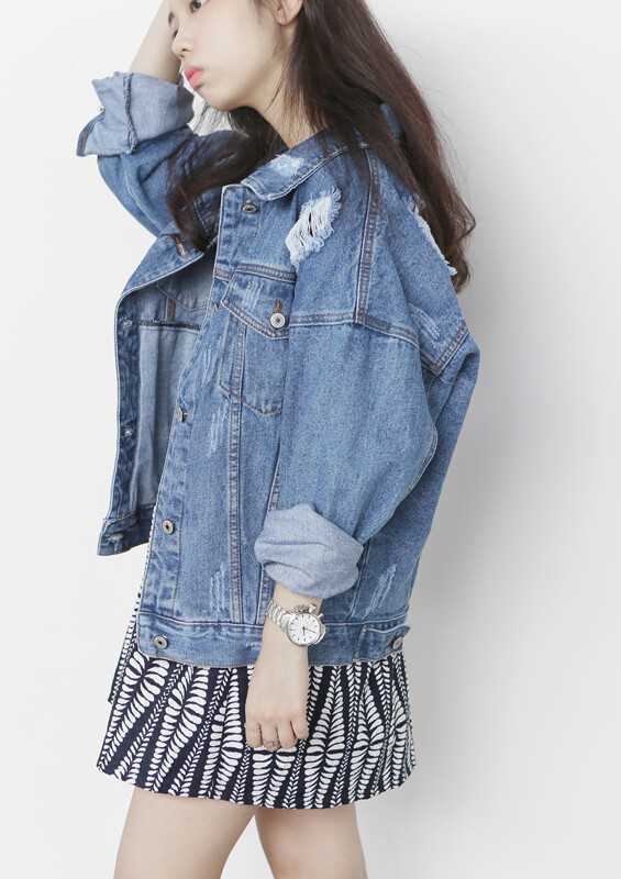 韩国春季浅蓝色 复古bf风破洞长袖超宽松做旧水洗牛仔外套 女 潮