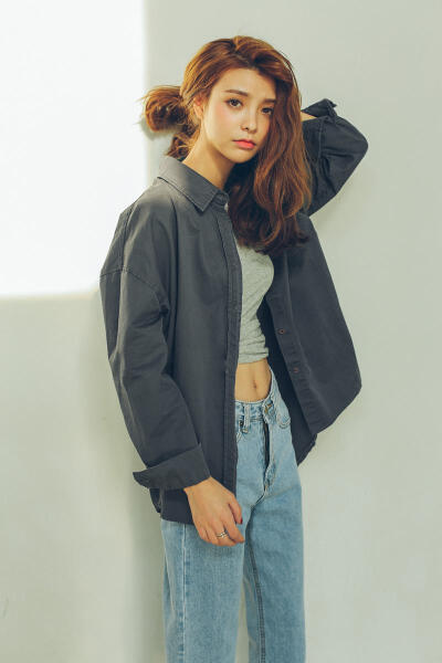 MISSQ 2015春夏 纯色工装衬衫修身打底女polo领长袖衬衣