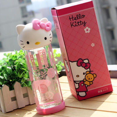 可爱卡通hello kitty玻璃水杯时尚女士学生杯子双层玻璃隔热杯子