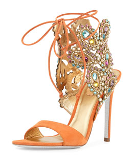 X2FH3 Rene Caovilla Multi-Crystal Crown Ankle Wrap Sandal, Orange