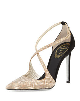 X2FJX Rene Caovilla Crystallized Satin/Suede Cross-Strap d'Orsay Pump